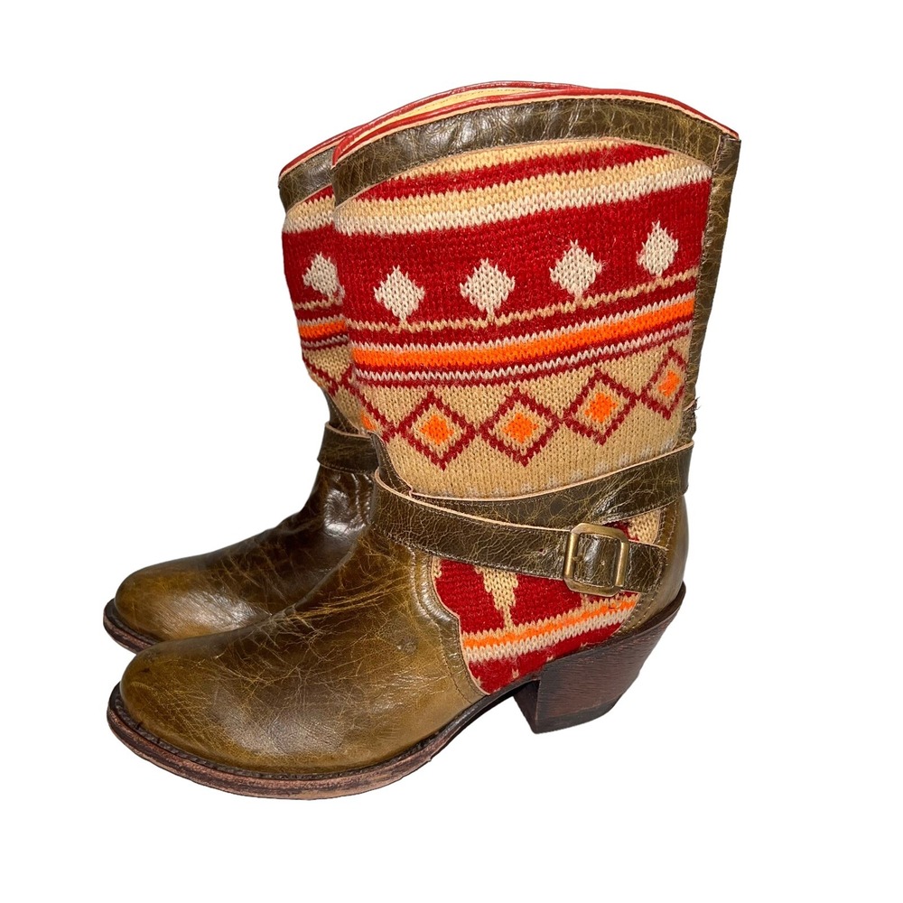 JOHNNY RINGO Size 8 Brown Leather With Colorful Knit Buckle Western Booties